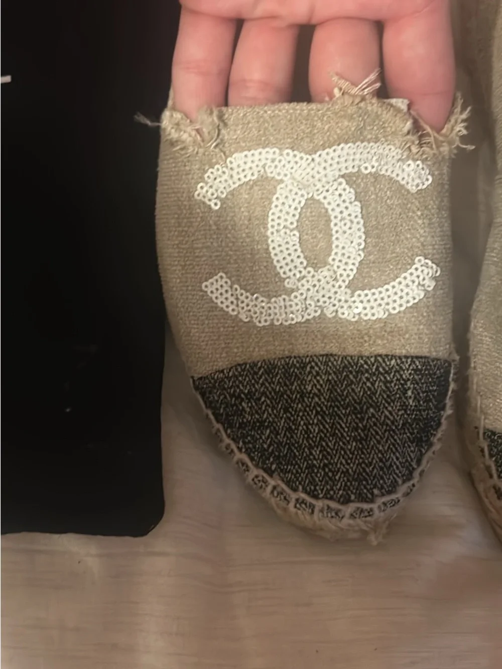 CHANEL Beige Sequin CC Espadrilles with Black Tweed Toe